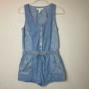 LIFE IN PROGRESS Chambray Button Down Romper w/Flower Pattern Size S